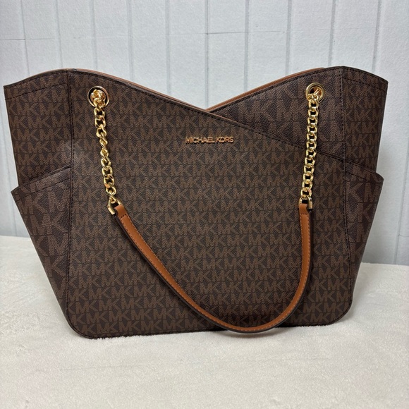 Michael Kors Dark Brown Gold Jet Set Large Signature Logo Shoulder Tote Bag - Picture 1 of 16